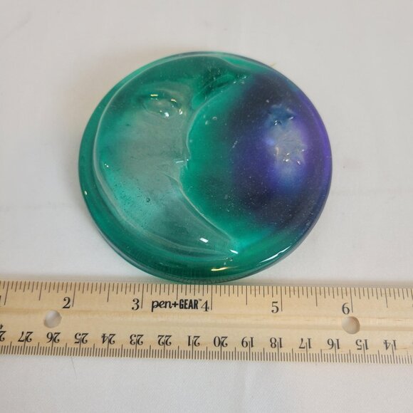 Vintage Moon Face w/Stars Blue & Teal Glass Paperweight Suncatcher Art 4" - Picture 4 of 4